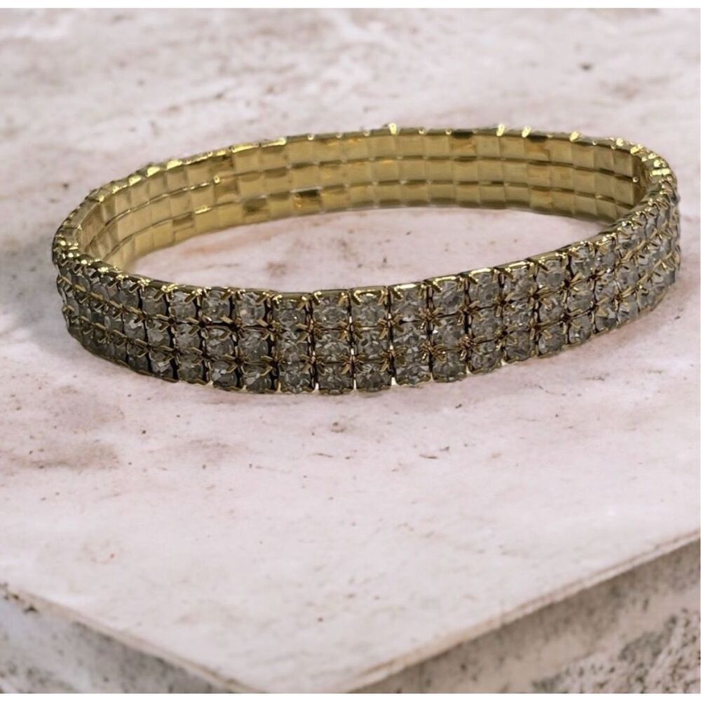 Diamond‎ Gold Tone Bling Stretch Fashion Bracelet Glam Formal Black Tie Prom NEW